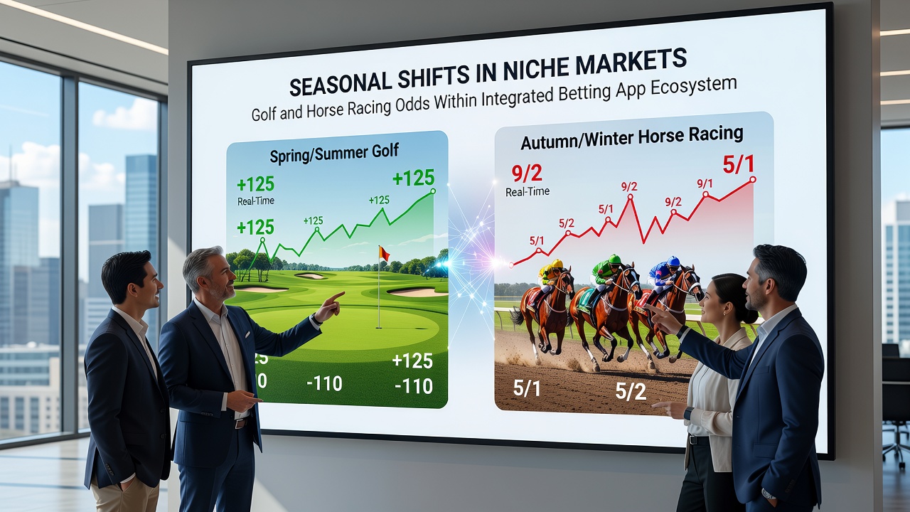 Data dashboard from a betting app displaying seasonal volume trends for golf majors and horse racing carnivals